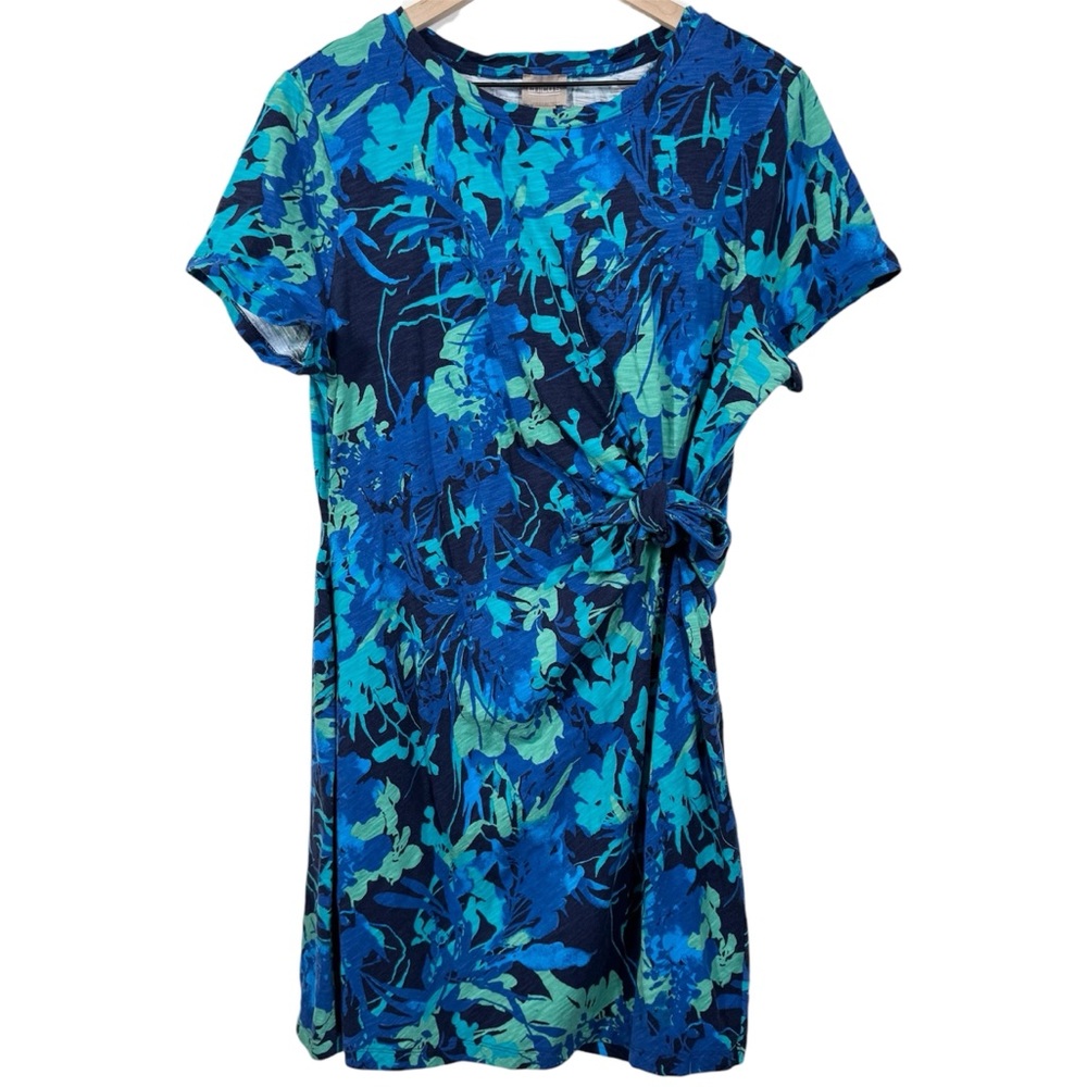 Chicos Tie Waist Tropical Print T-Shirt Dress Size 4 Cotton/Modal Resort Beach